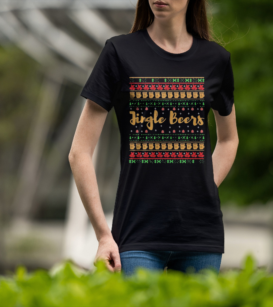 Jingle Beers Christmas Sweater Pattern With Beer Mugs And Holiday Decorations T-Shirt