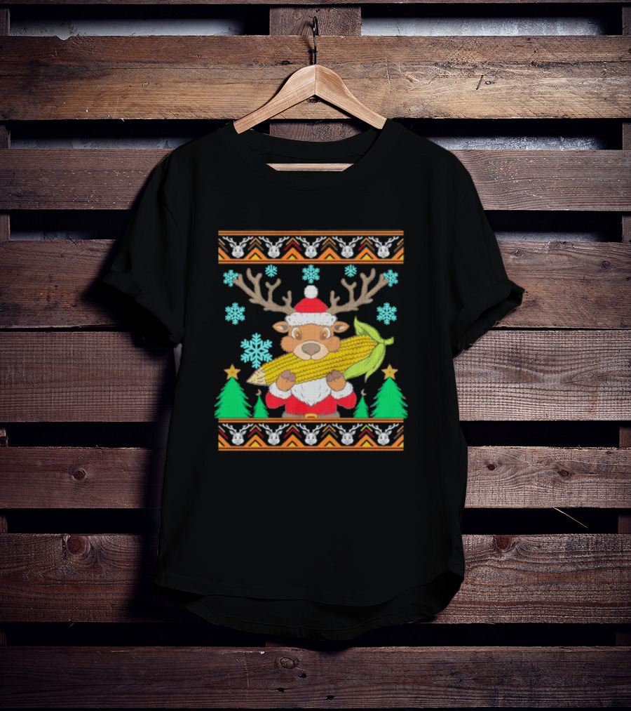 Reindeer Holding Corn With Snowflakes And Trees Christmas T-Shirt