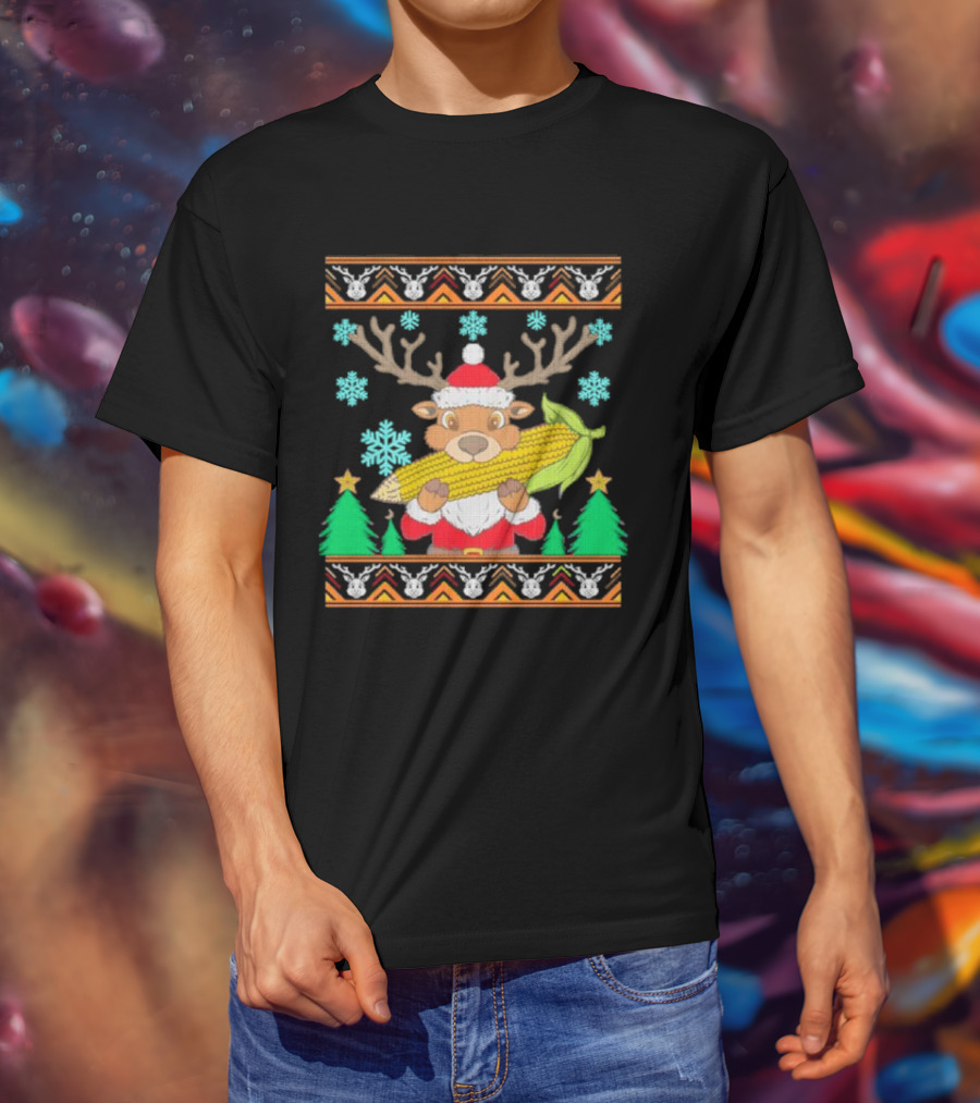 Reindeer Holding Corn With Snowflakes And Trees Christmas T-Shirt