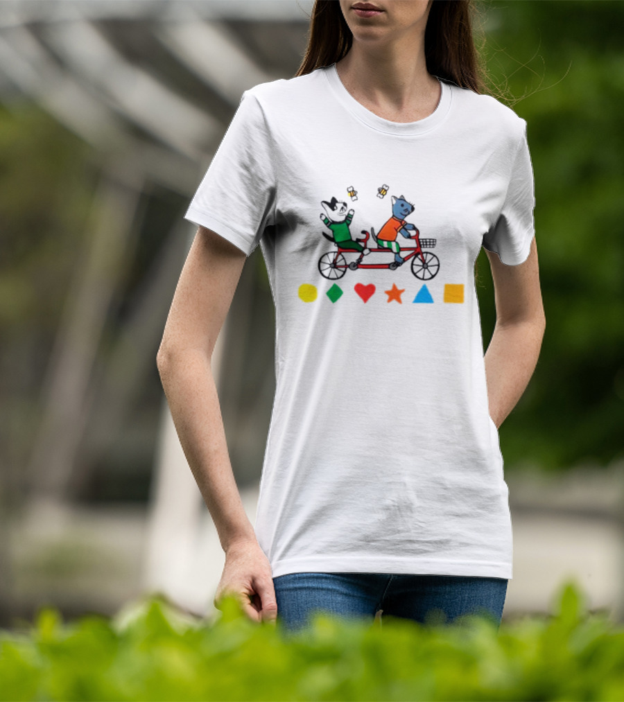 Tandem Cats Bike With Colorful Geometric Shapes T-Shirt