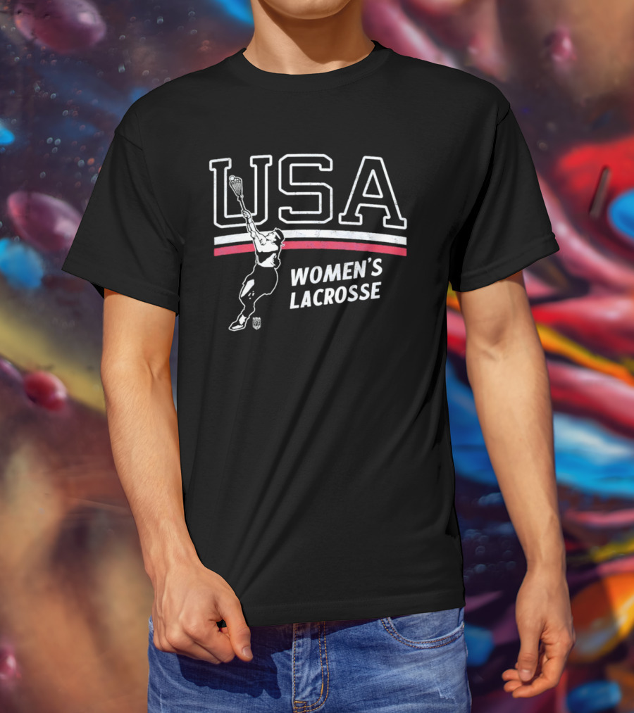 USA Women's Lacrosse Athletic Graphic With Player And Red White Stripes T-Shirt