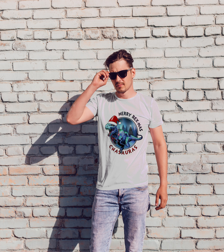 Merry Rex-mas CNAauras Santa Hat Dinosaur Christmas Tree Forest T-Shirt