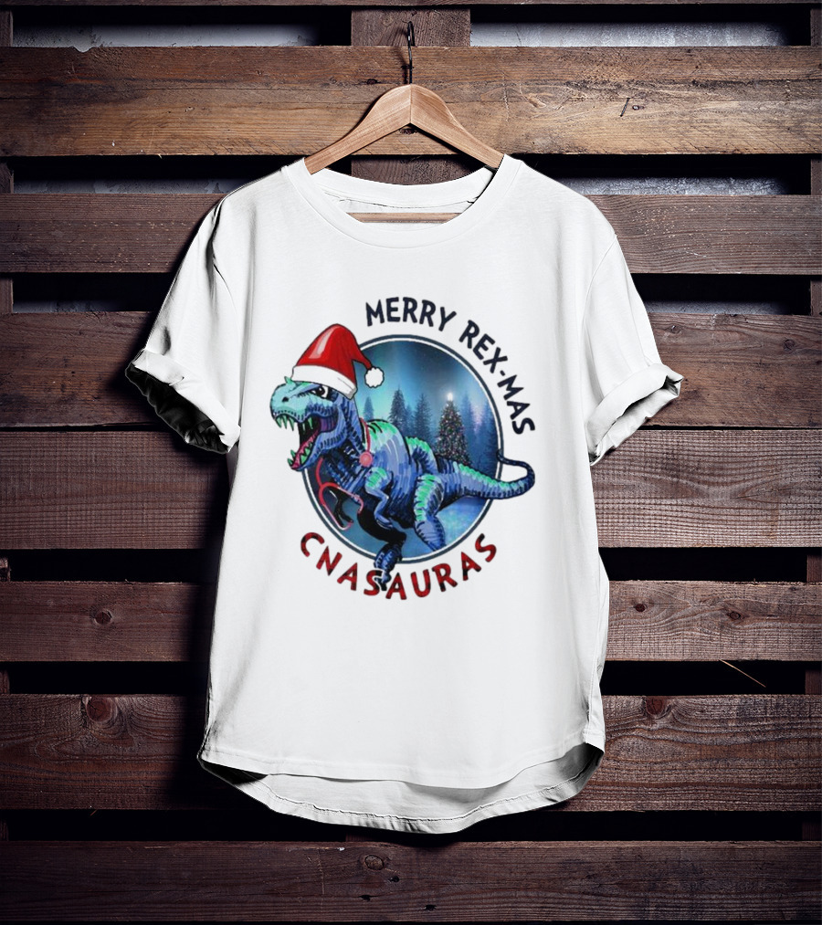 Merry Rex-mas CNAauras Santa Hat Dinosaur Christmas Tree Forest T-Shirt
