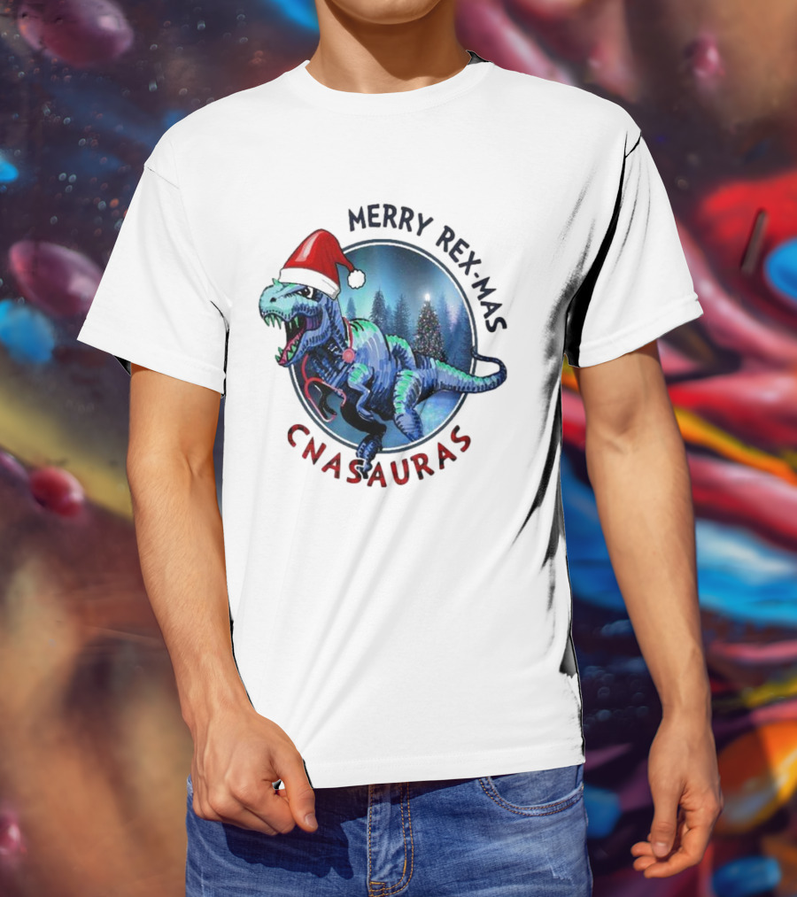 Merry Rex-mas CNAauras Santa Hat Dinosaur Christmas Tree Forest T-Shirt