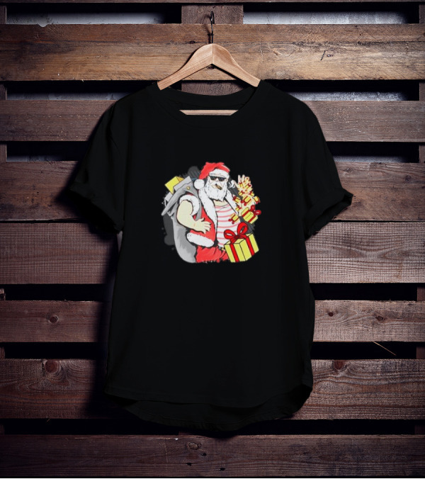Santa Claus Cool Sunglasses Carrying Christmas Gifts T-Shirt