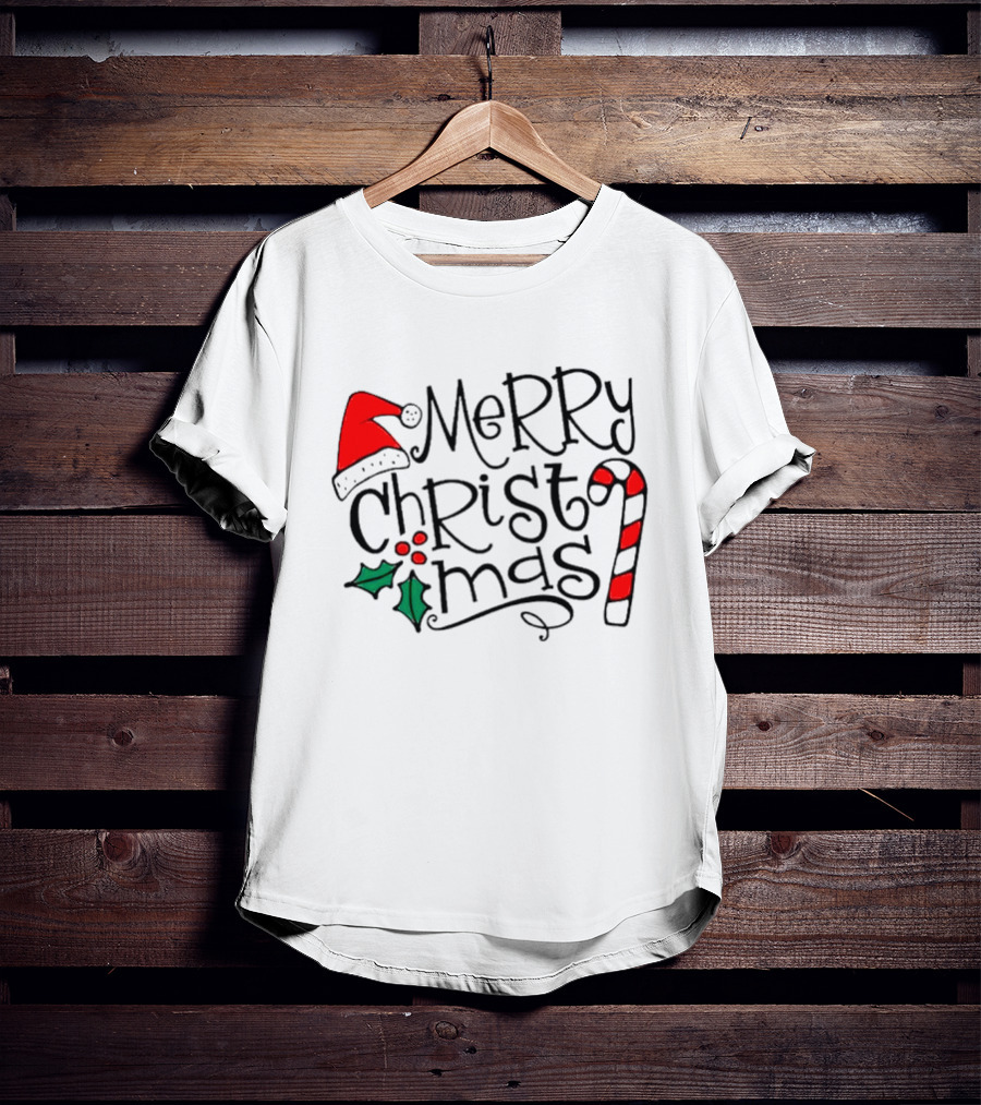 Merry Christmas Santa Hat And Candy Cane T-Shirt