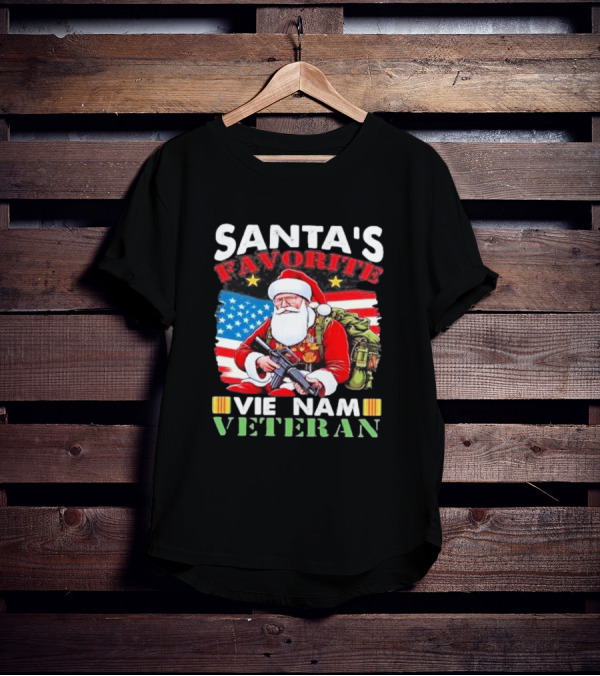 Santa's Favorite Vietnam Veteran With American Flag And Santa Claus Holding Military Gear T-Shirt