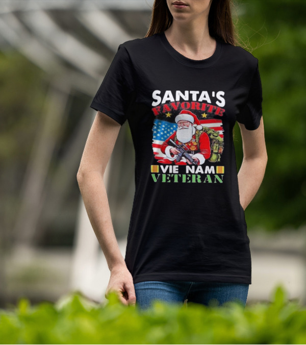 Santa's Favorite Vietnam Veteran With American Flag And Santa Claus Holding Military Gear T-Shirt
