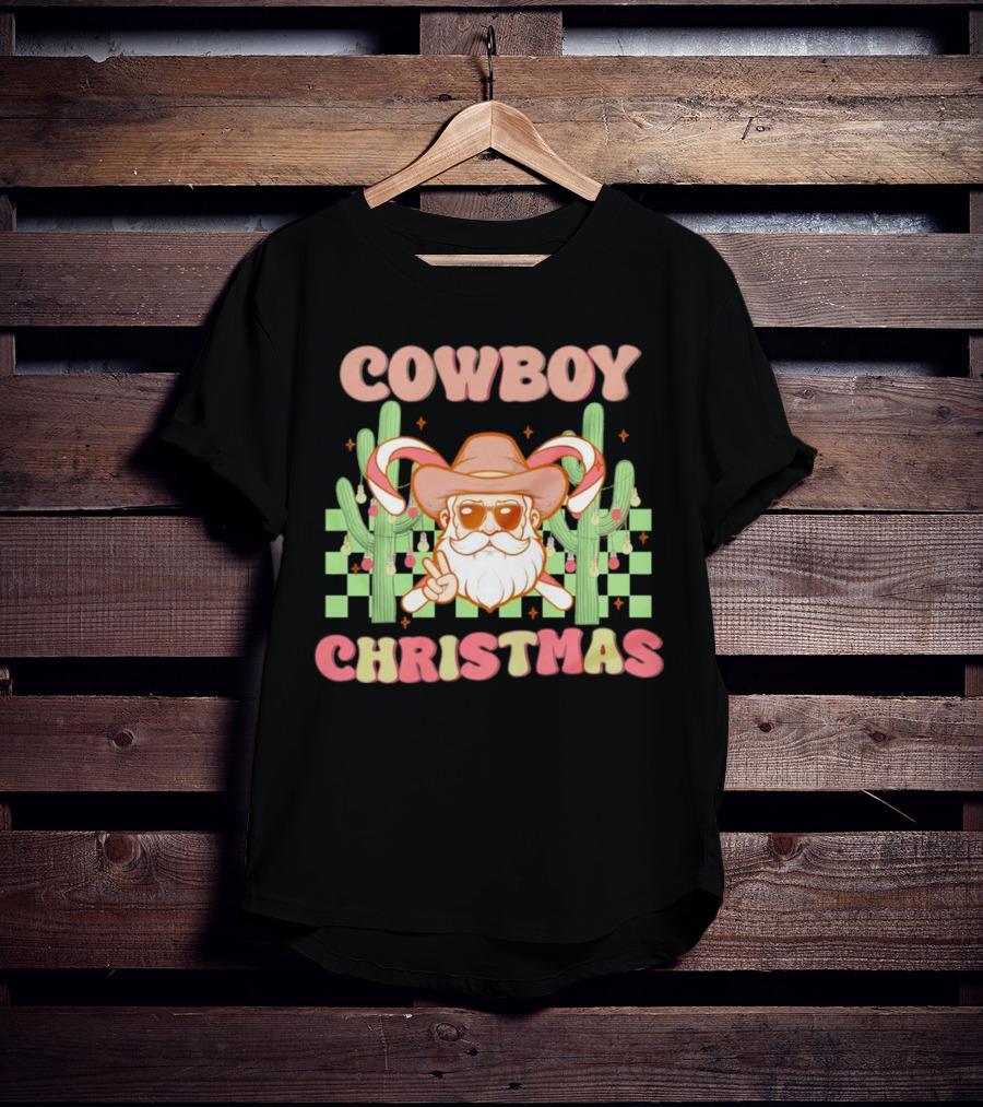 Cowboy Christmas Santa With Candy Cane And Cactus T-Shirt