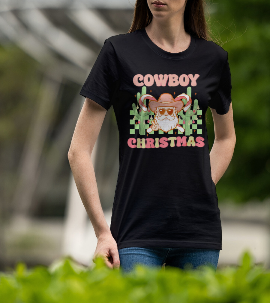 Cowboy Christmas Santa With Candy Cane And Cactus T-Shirt
