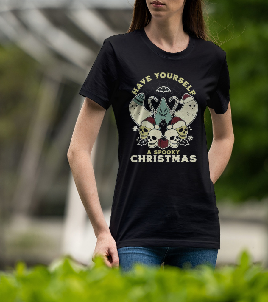 Have Yourself A Spooky Christmas With Ghosts Skulls And Bat T-Shirt