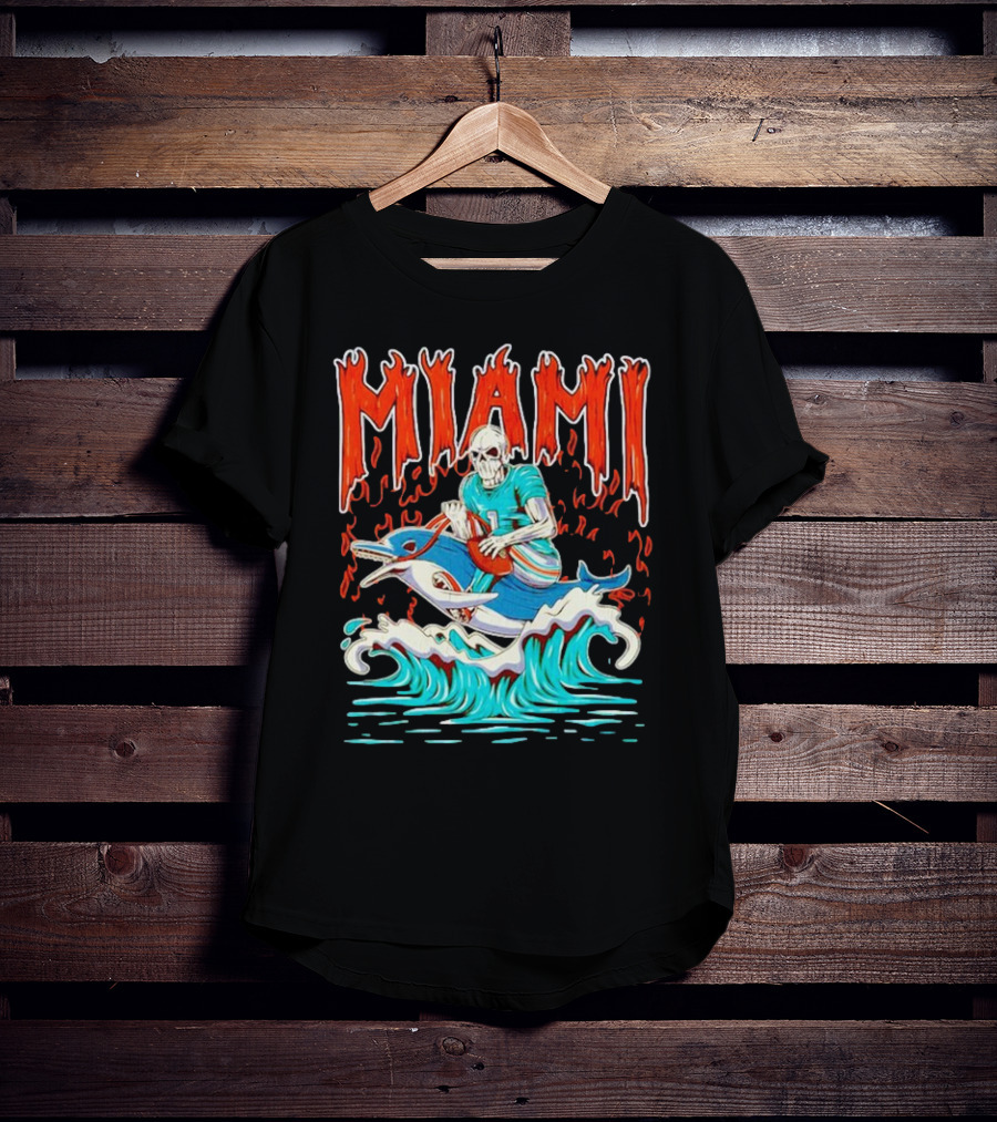 MIAMI Skeleton Riding Dolphin With Football And Flames T-Shirt