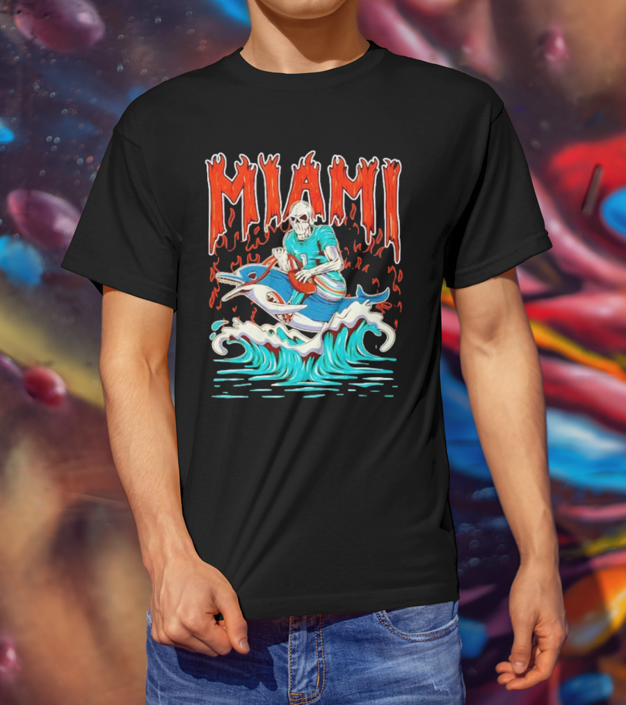 MIAMI Skeleton Riding Dolphin With Football And Flames T-Shirt