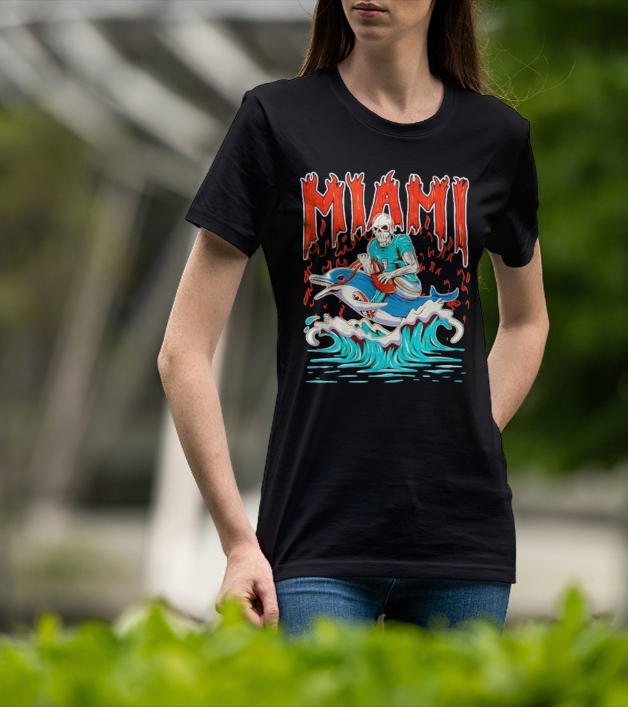 MIAMI Skeleton Riding Dolphin With Football And Flames T-Shirt