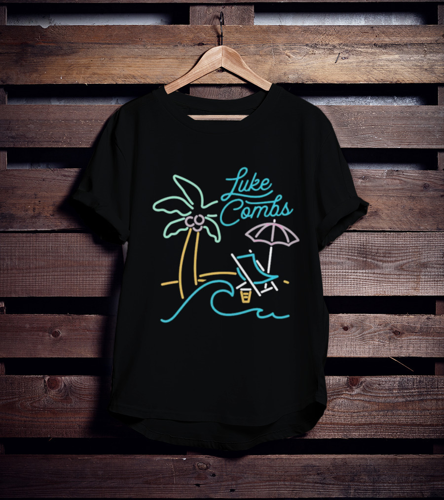 Luke Combs Neon Palm Tree Beach Scene With Umbrella And Chair T-Shirt
