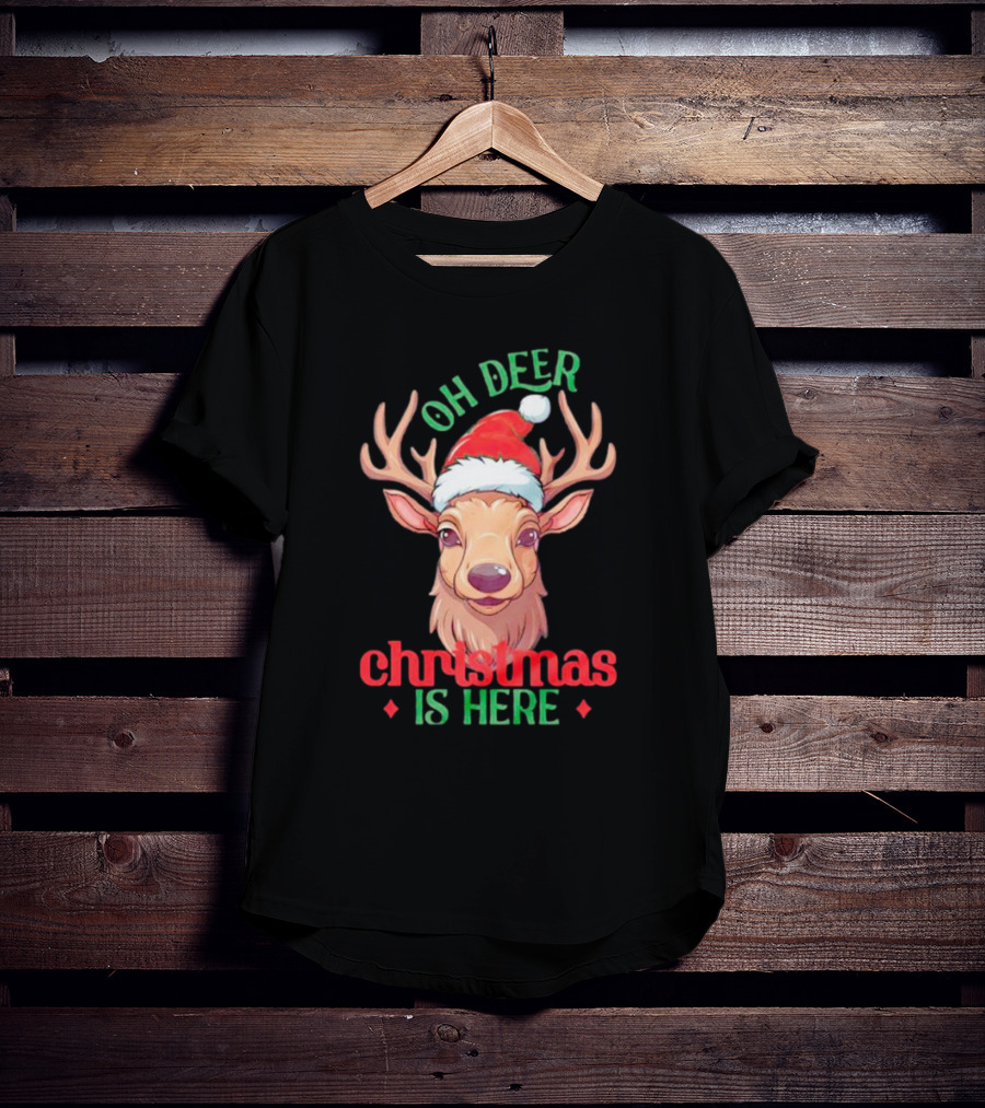 Oh Deer Christmas Is Here Festive Reindeer Santa Hat T-Shirt