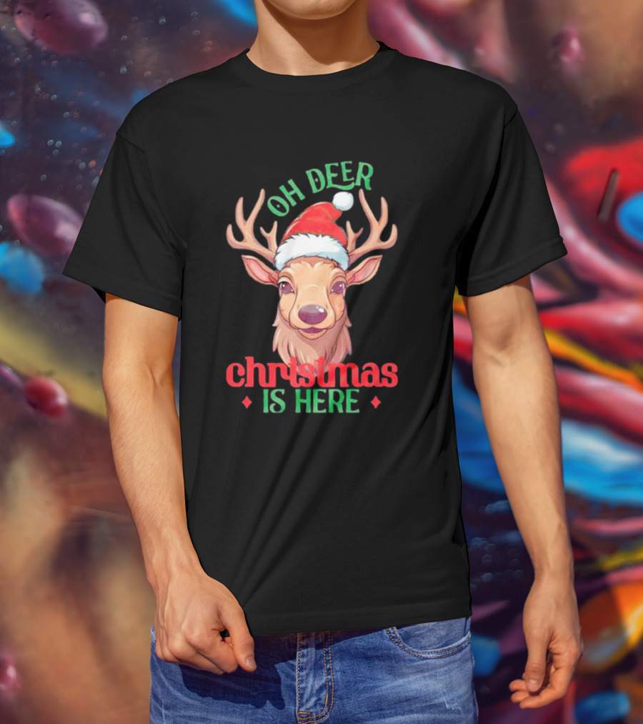 Oh Deer Christmas Is Here Festive Reindeer Santa Hat T-Shirt