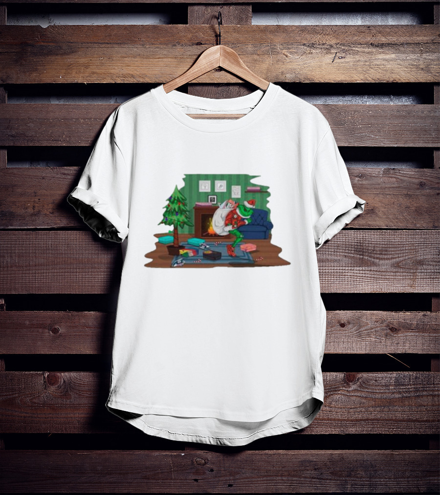 Grinch In Santa Outfit Stealing Presents By The Christmas Tree T-Shirt