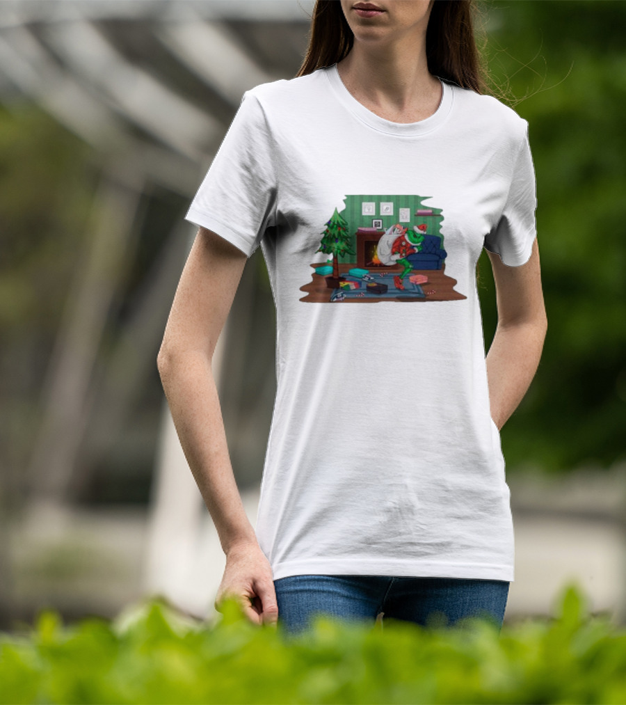 Grinch In Santa Outfit Stealing Presents By The Christmas Tree T-Shirt