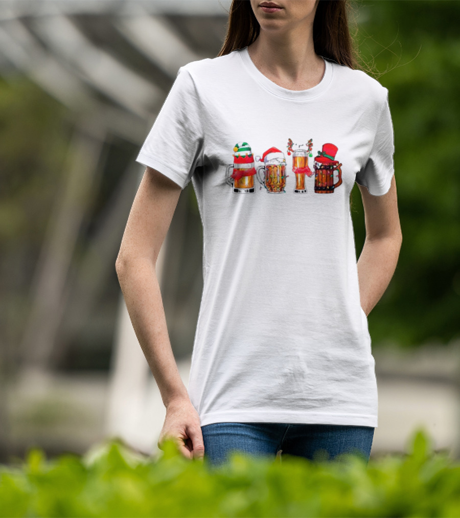 Christmas Beer Mugs Santa Hat And Holiday Decorations T-Shirt