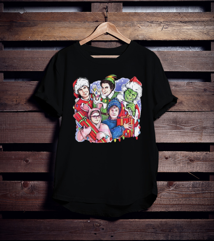 Christmas Friends Movie Character Santa Elf Grinch Pink Bunny T-Shirt