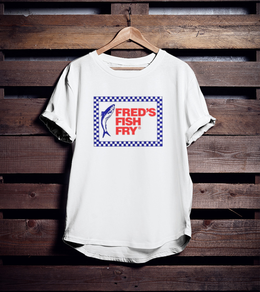 Fred’s Fish Fry Red And Blue Checkered Border With Fish T-Shirt