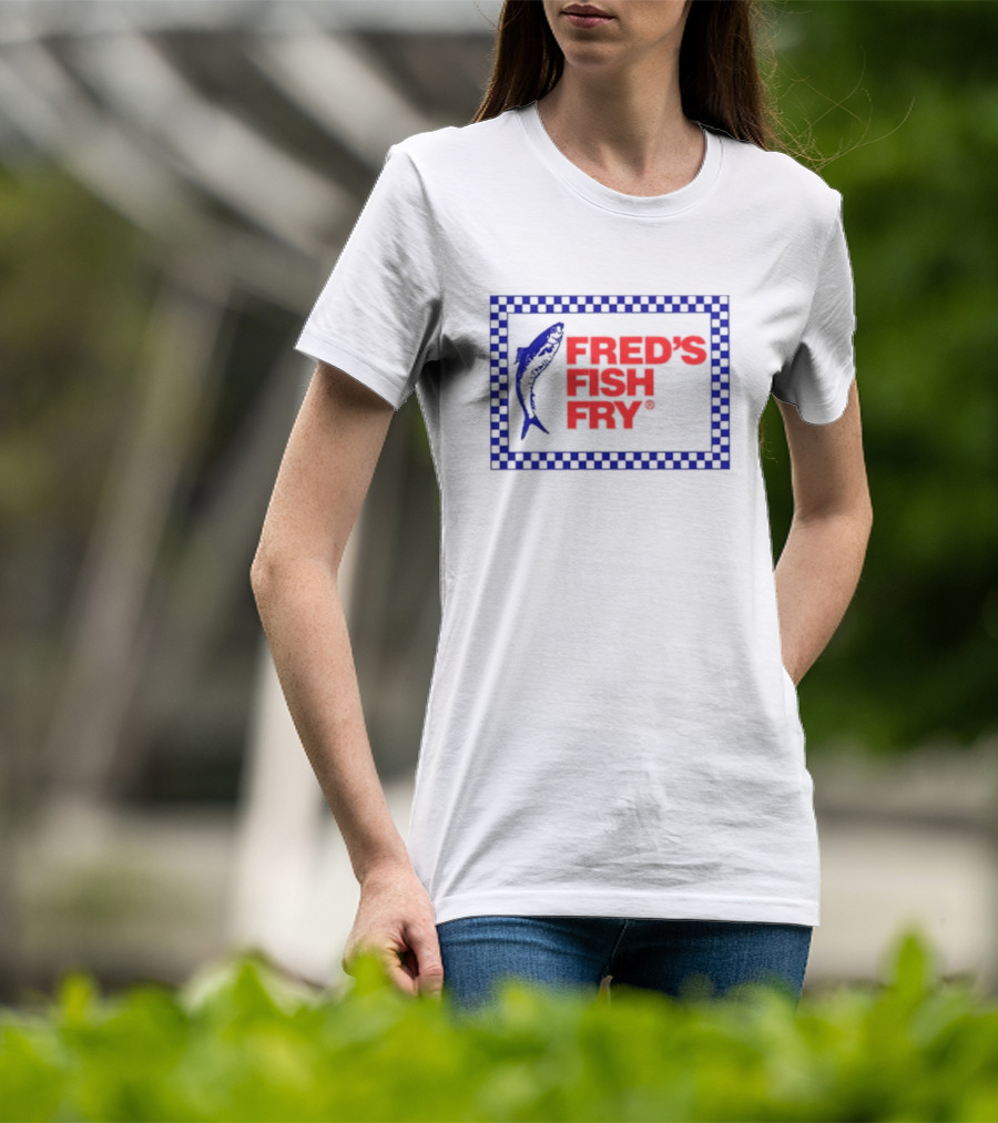 Fred’s Fish Fry Red And Blue Checkered Border With Fish T-Shirt