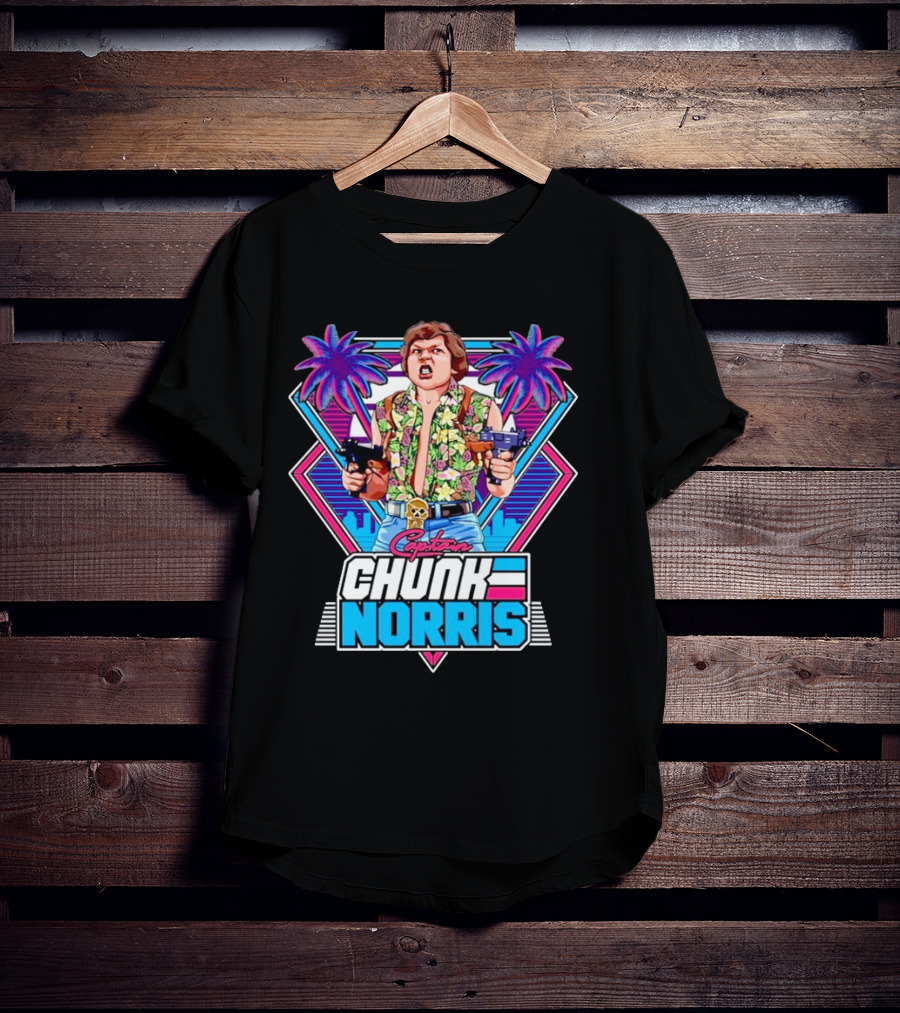 Captain Chunk Norris Retro Miami Vice Styled Character With Dual Pistols And Neon Palm Trees T-Shirt