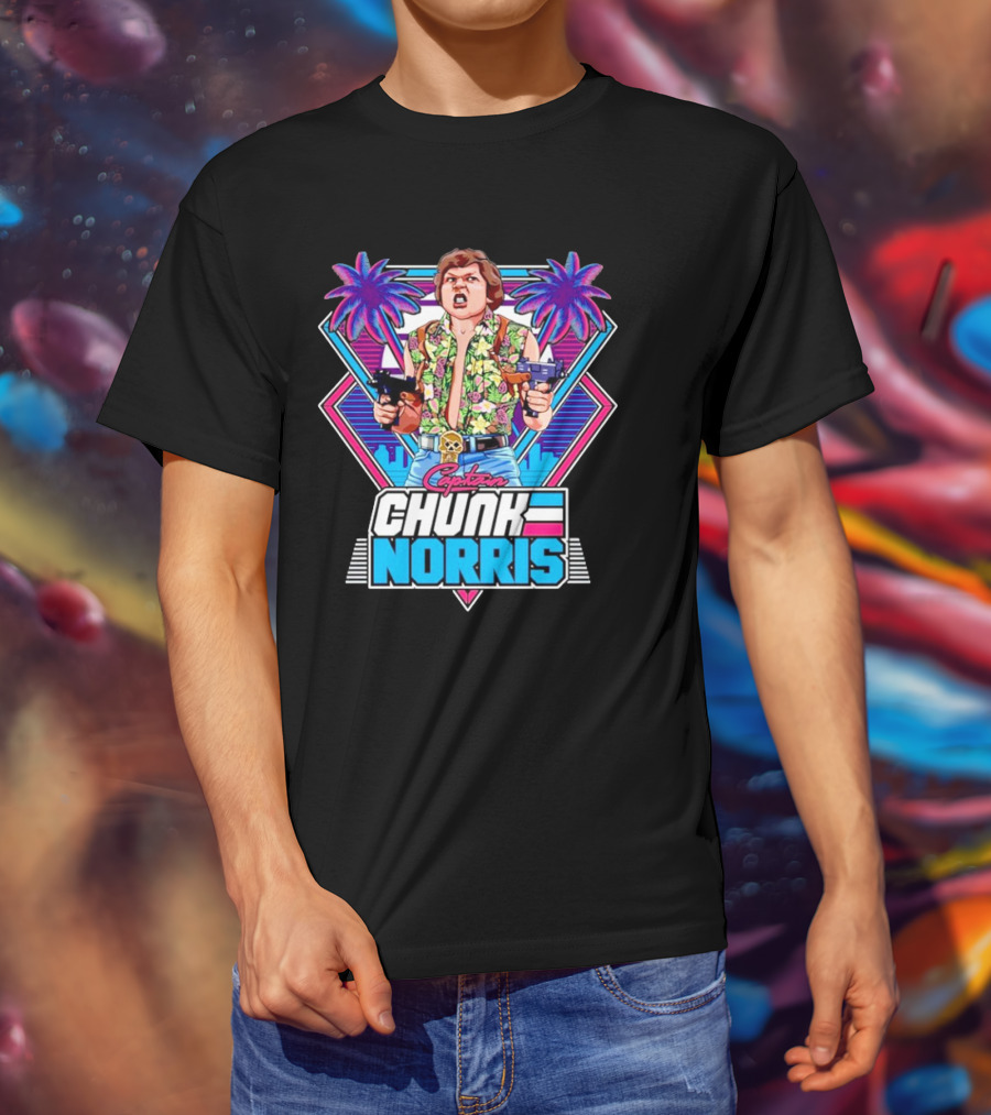 Captain Chunk Norris Retro Miami Vice Styled Character With Dual Pistols And Neon Palm Trees T-Shirt