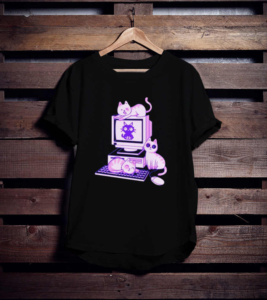 Cats Over Retro Computer With Pixel Art Cat On Screen T-Shirt