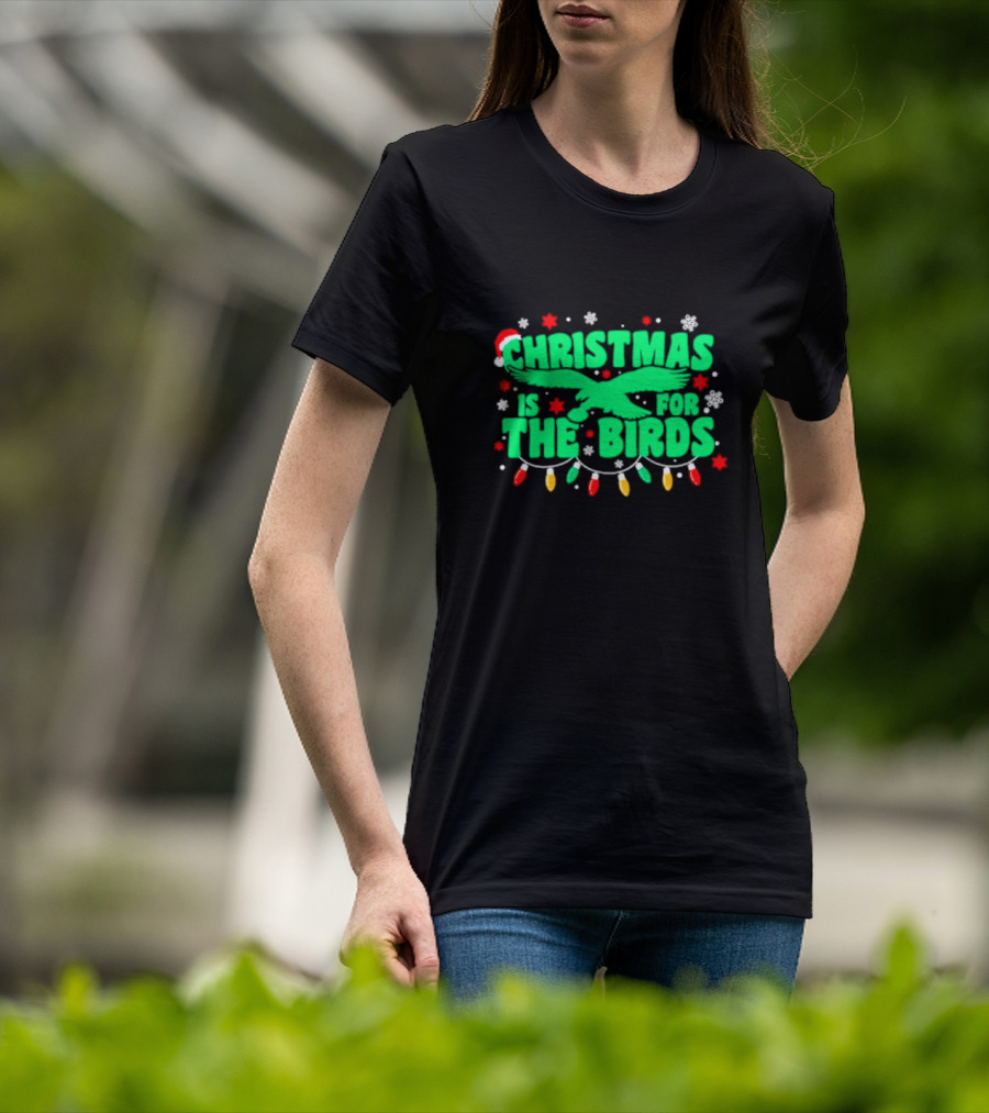 Christmas Is For The Birds Festive Holiday Lights Snowflakes Santa Hat T-Shirt