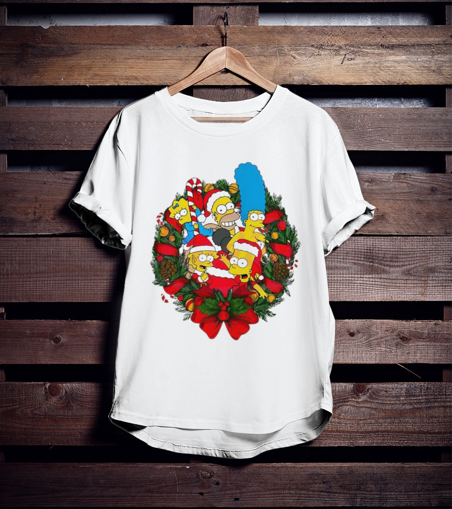 The Simpsons Holiday Wreath With Santa Hats And Candy Canes T-Shirt