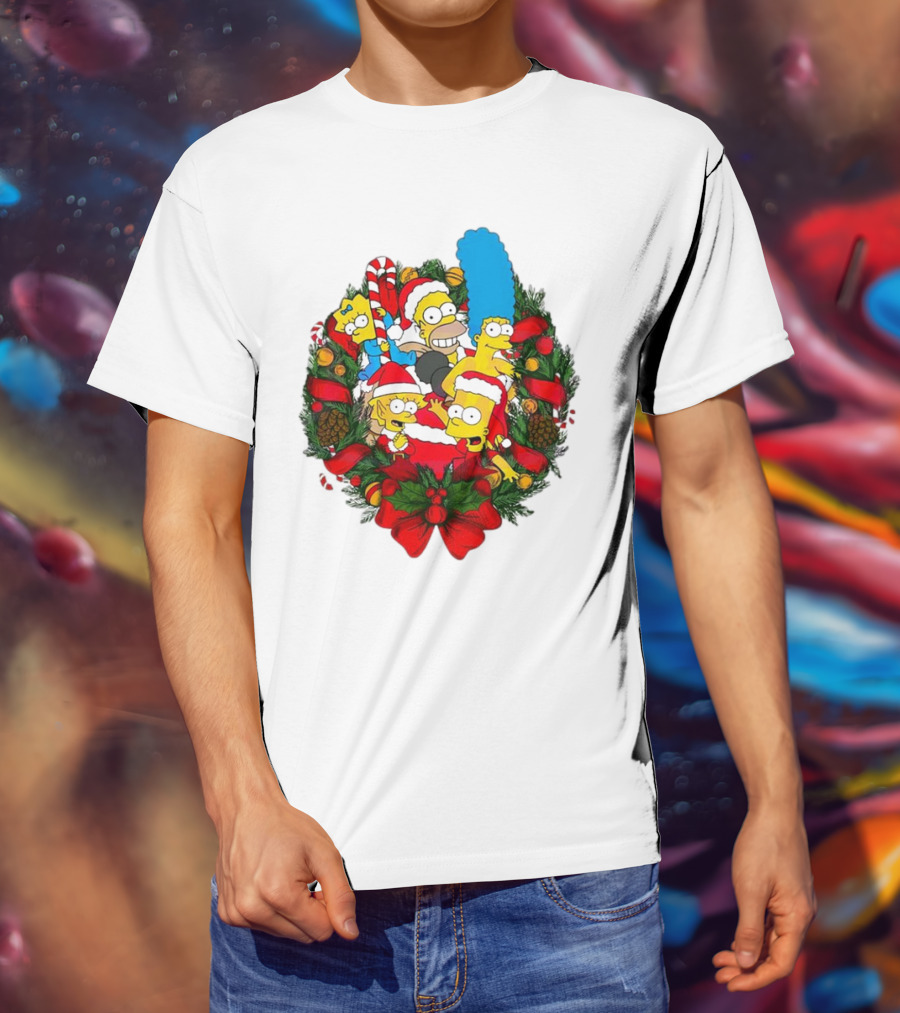 The Simpsons Holiday Wreath With Santa Hats And Candy Canes T-Shirt