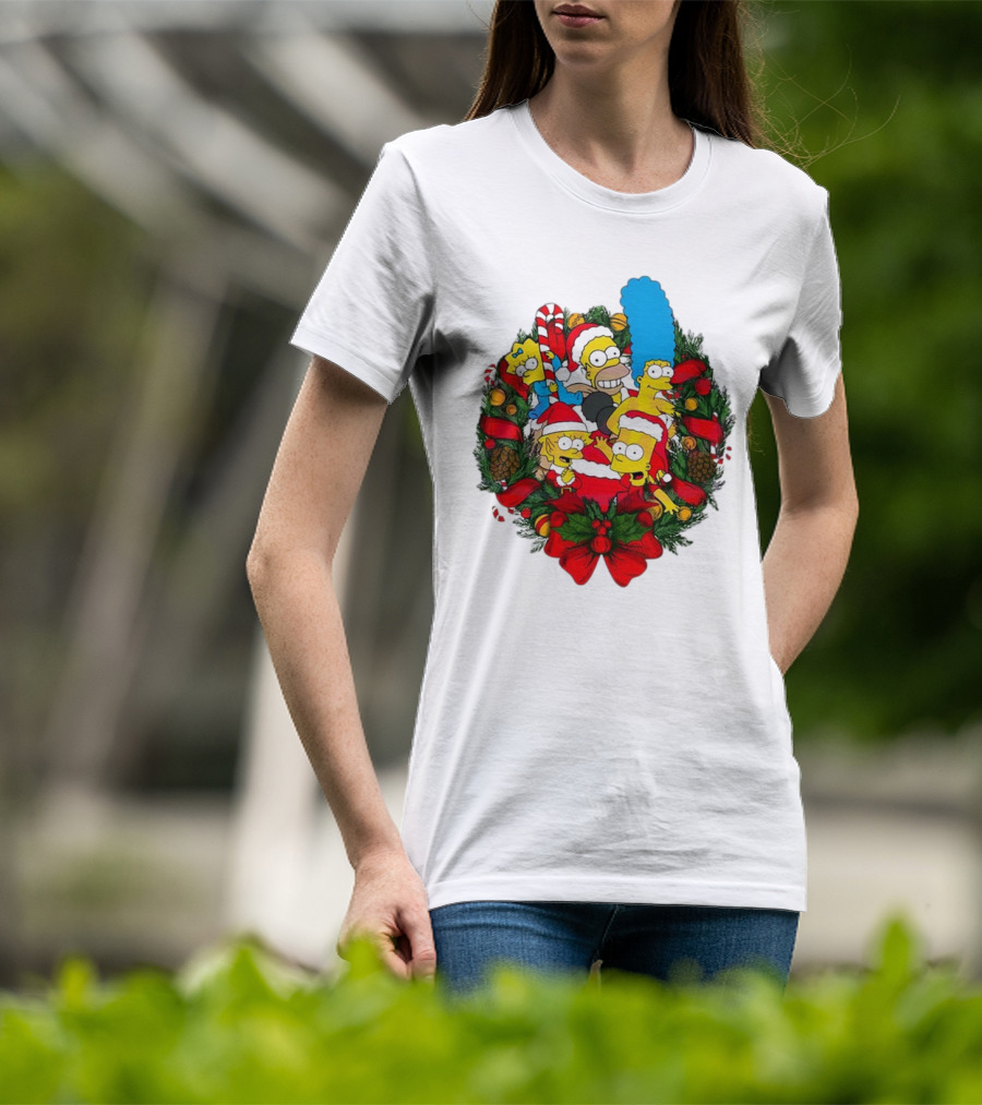 The Simpsons Holiday Wreath With Santa Hats And Candy Canes T-Shirt
