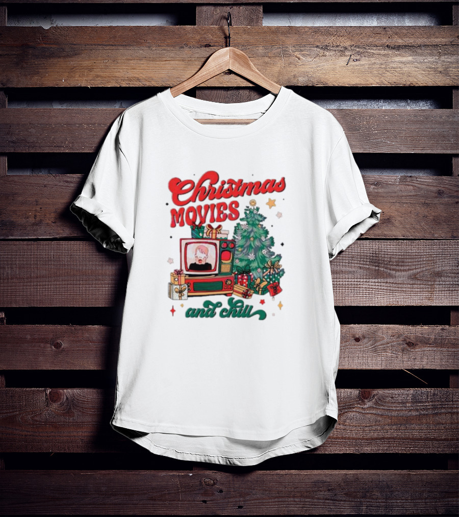 Christmas Movies And Chill Retro TV Christmas Tree Presents T-Shirt