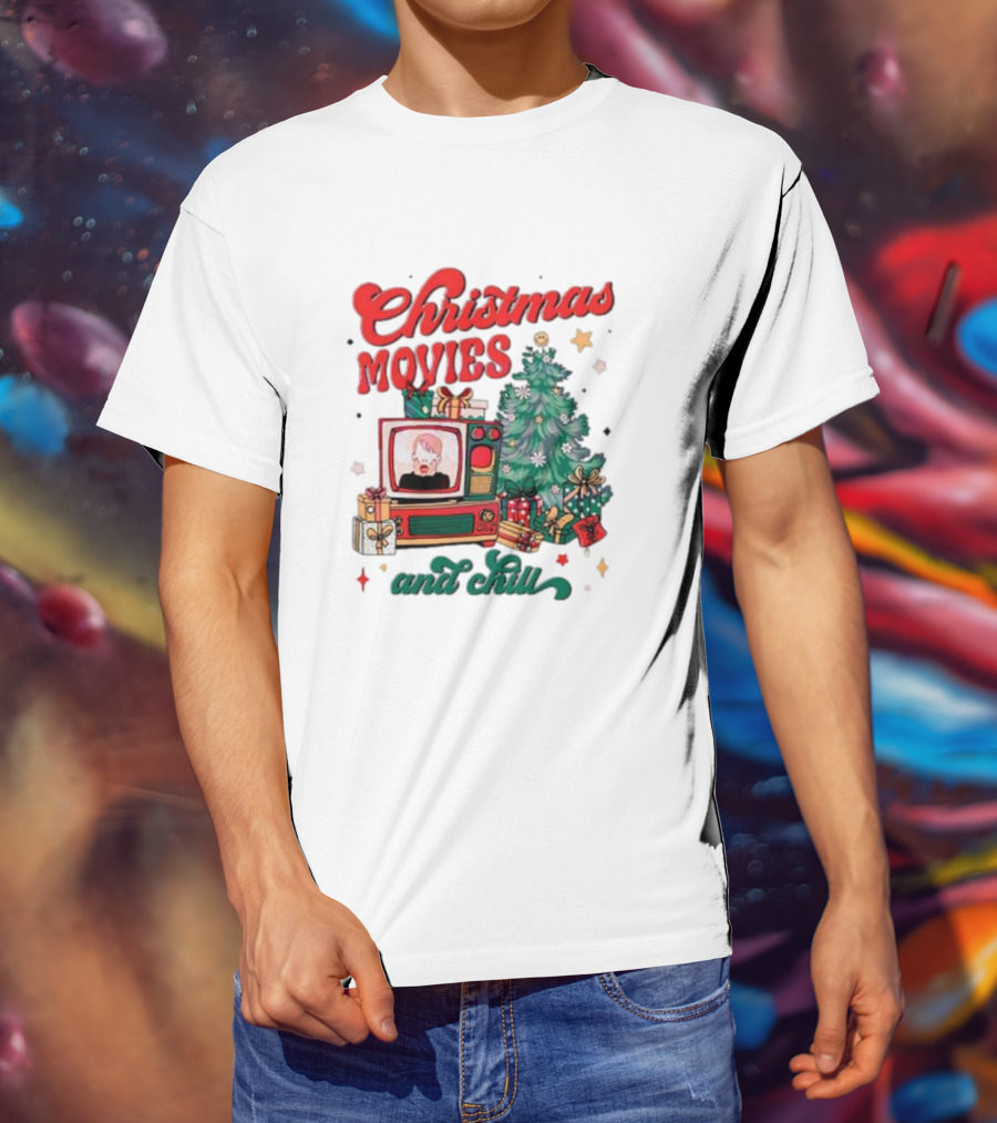 Christmas Movies And Chill Retro TV Christmas Tree Presents T-Shirt