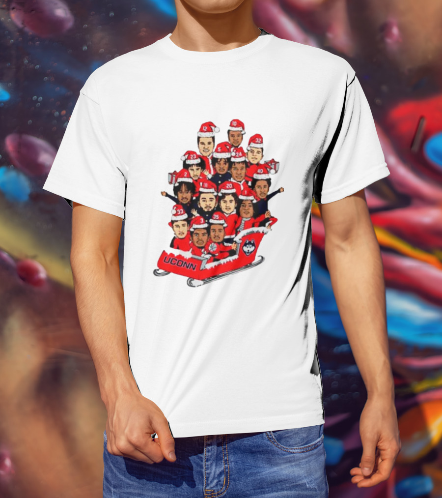 UConn Huskies Christmas Cartoon Sled Team Santa Hats T-Shirt