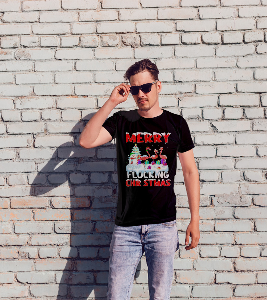 Merry Flocking Christmas Flamingo And Snowman Festive T-Shirt