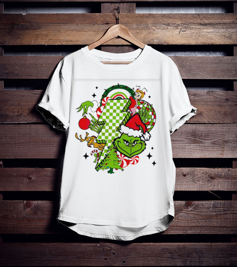 Grinch Christmas Checkered Lightning Bolt With Friends And Festive Decorations T-Shirt