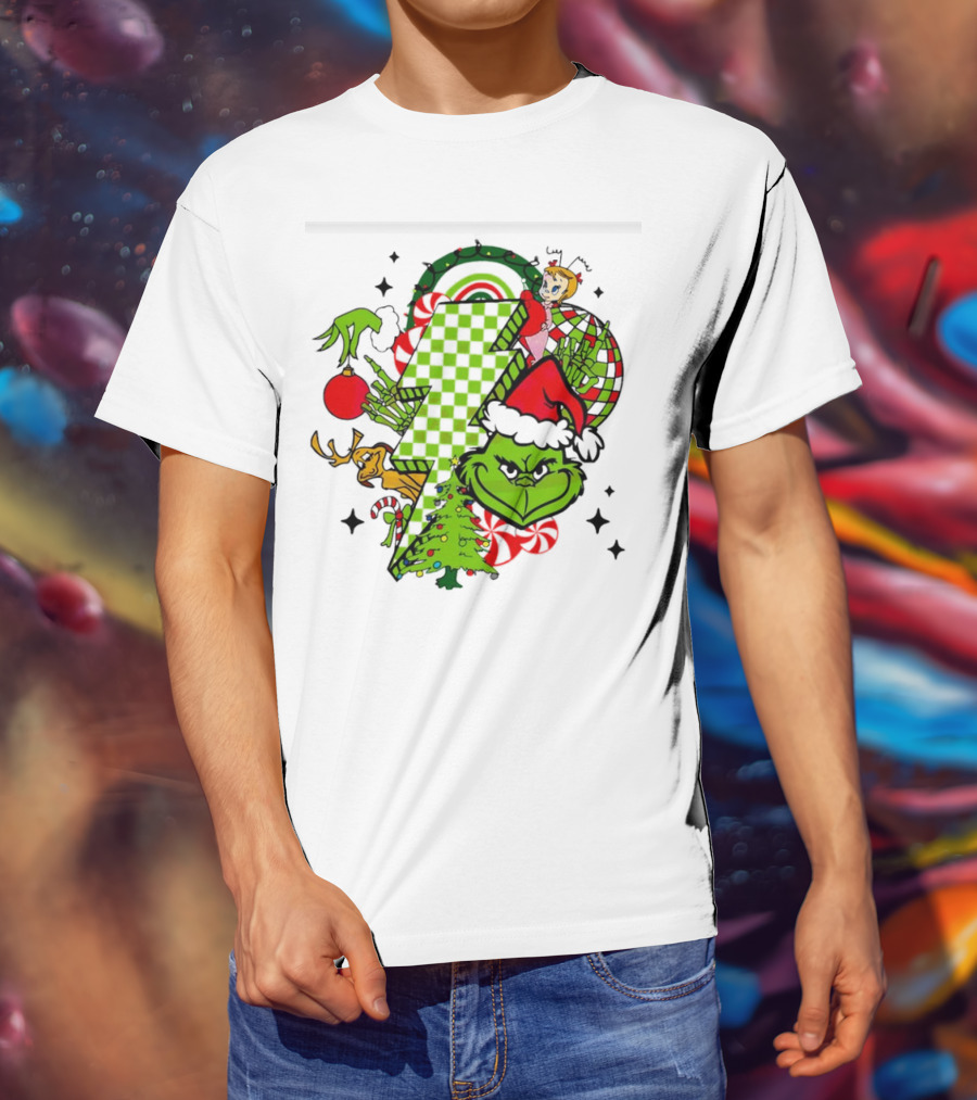 Grinch Christmas Checkered Lightning Bolt With Friends And Festive Decorations T-Shirt