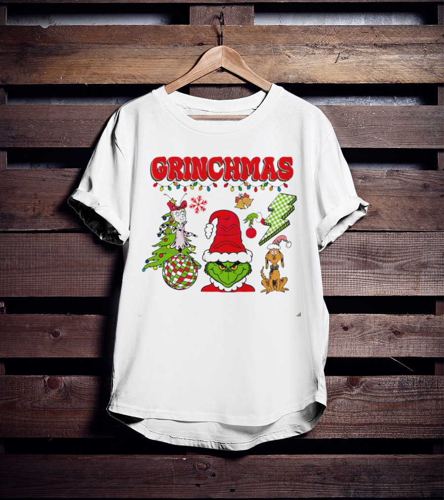 Grinch Grinchmas Red Hat Christmas Tree Max Dog Lightning Bolt Ornaments T-Shirt