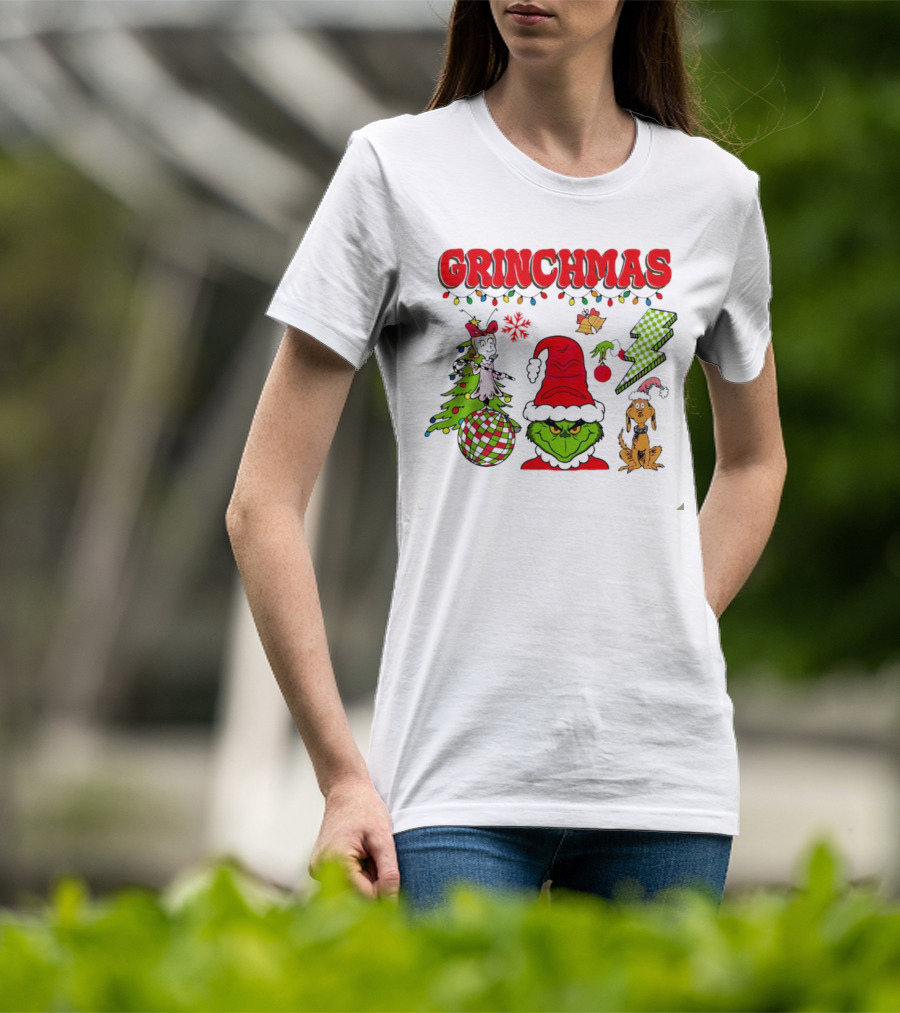 Grinch Grinchmas Red Hat Christmas Tree Max Dog Lightning Bolt Ornaments T-Shirt