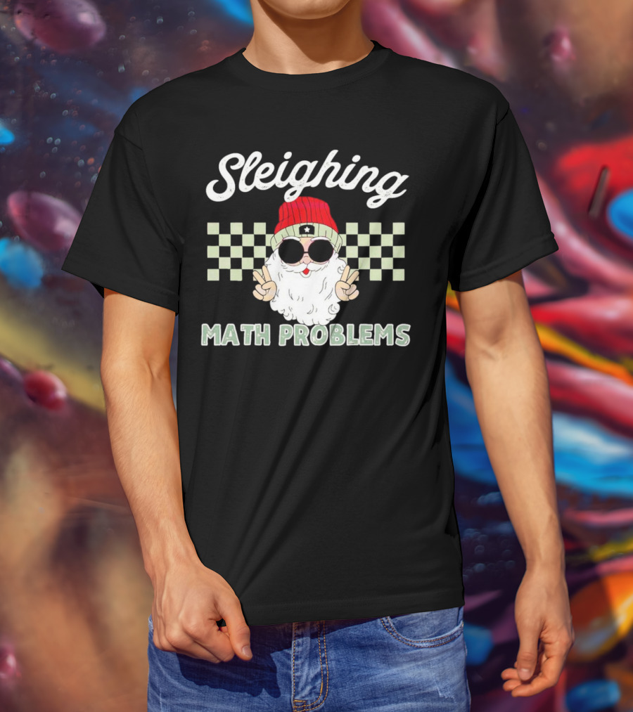 Sleighing Math Problems Santa Peace Sign Checkered Background T-Shirt