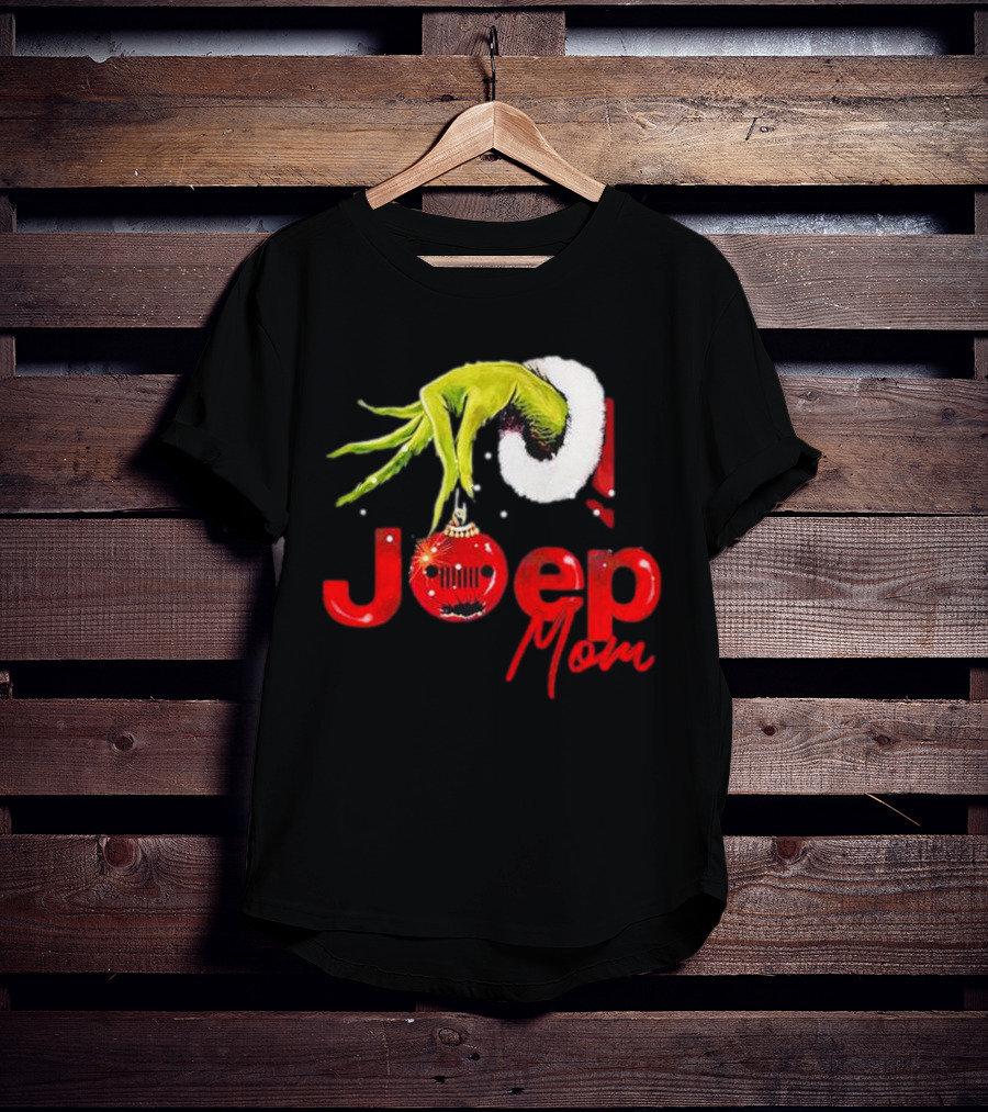 Grinch Hand With Santa Hat Holding Christmas Ornament Jeep Mom T-Shirt