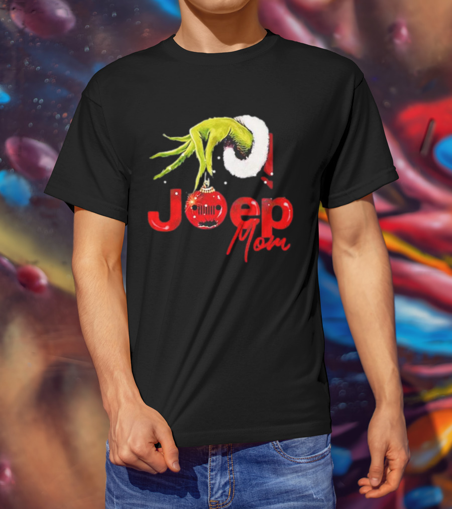 Grinch Hand With Santa Hat Holding Christmas Ornament Jeep Mom T-Shirt