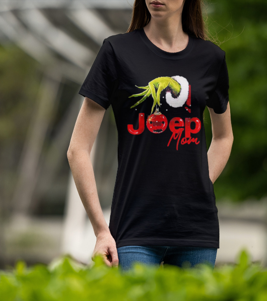 Grinch Hand With Santa Hat Holding Christmas Ornament Jeep Mom T-Shirt