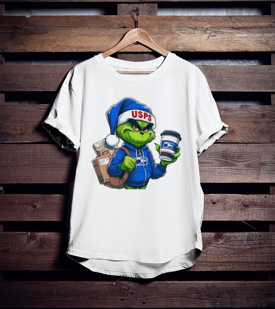 USPS Grinch Merry Christmas Delivery With Packages And Coffee T-Shirt