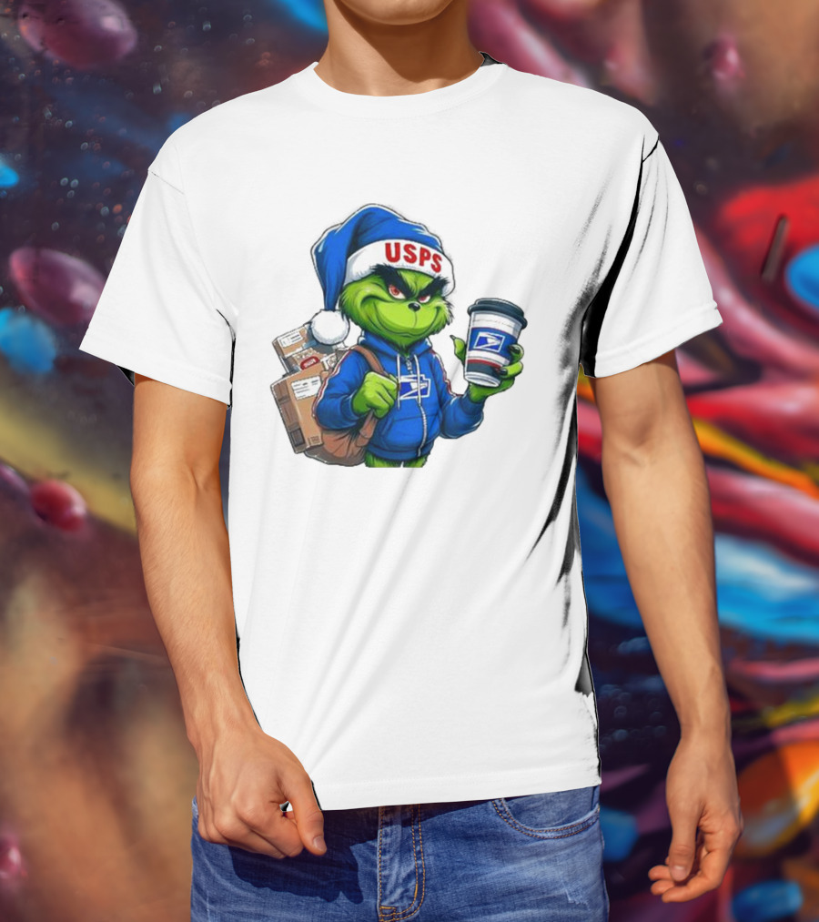 USPS Grinch Merry Christmas Delivery With Packages And Coffee T-Shirt