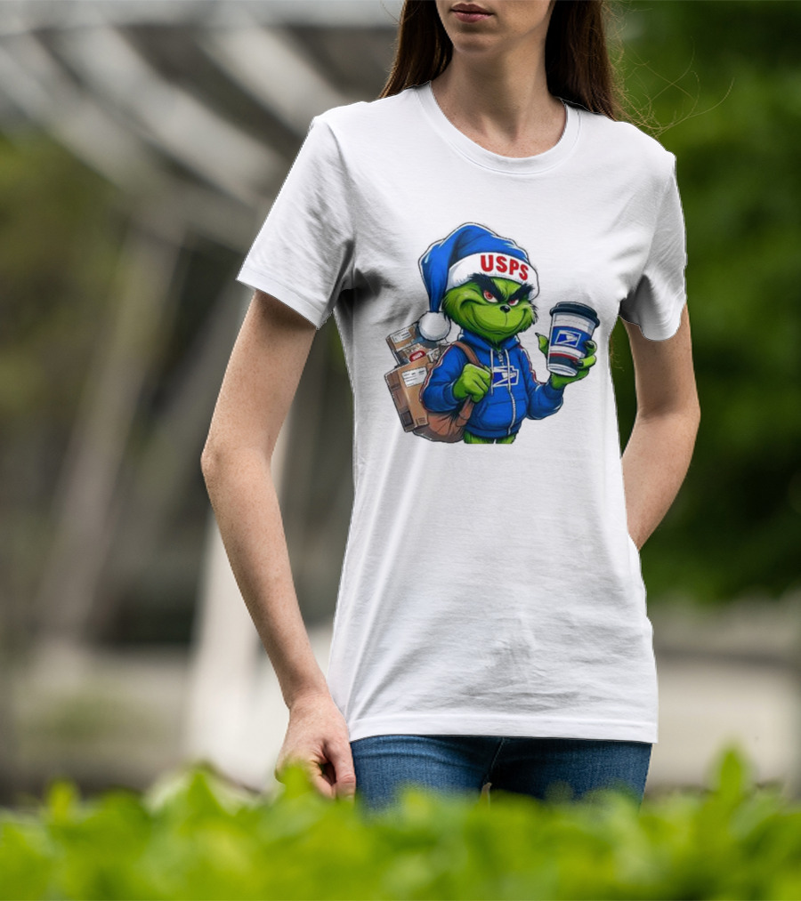 USPS Grinch Merry Christmas Delivery With Packages And Coffee T-Shirt