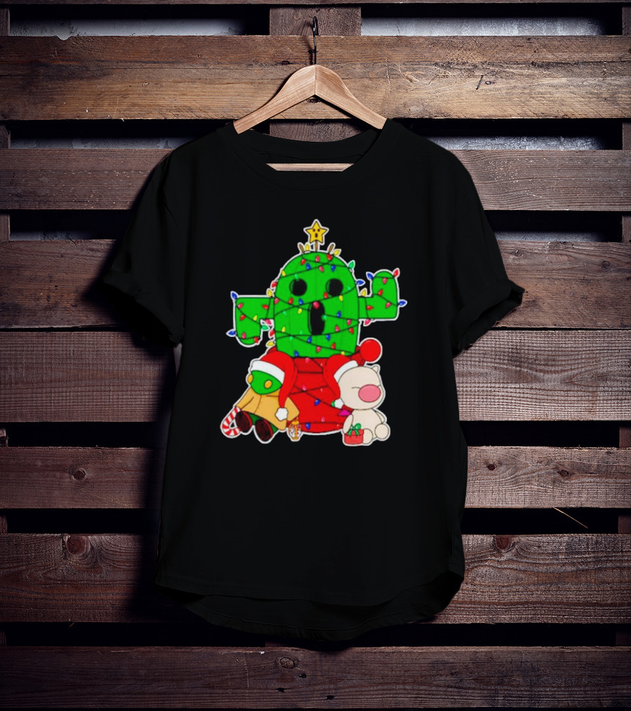 Christmas Moogle Cactuar Wrapped In Lights Star Topped Festive Scene T-Shirt